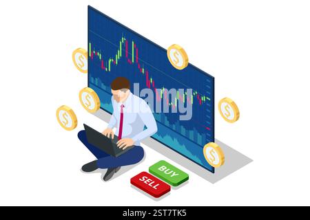 Isometric of a trader sitting on a laptop with a large financial screen showing stock market graphs and Buy Sell buttons. Stock trading Stock Vector