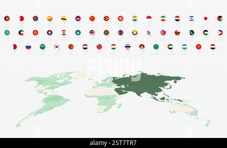 Asian Flags Collection, Blue pin icon design. Minimalist Asian Flags and World Map Representation. Vector Collection. Stock Vector