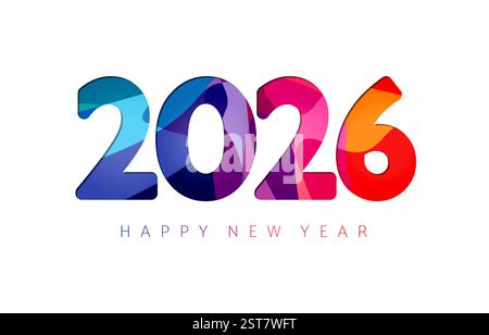 Happy New Year 2026 greeting card concept in minimalist style. Colorful elements. 3D cut paper graphic design. Cover template. Fiscal year 2026 sign Stock Vector
