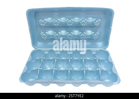Horizontal shot of an empty blue eighteen egg carton isolated on white with copy space. Stock Photo