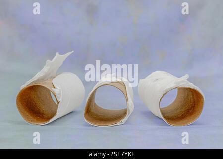 Horizontal shot of three empty toilet paper rolls on a mottled blue background with copy space. Stock Photo