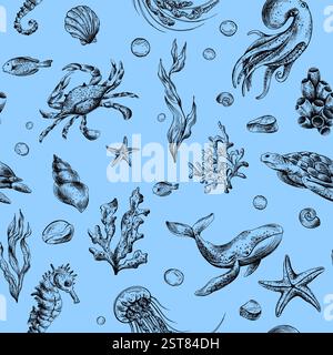 Underwater world clipart with sea animals whale, turtle, octopus, seahorse, starfish, shells, coral and algae. Graphic illustration hand drawn in Stock Vector