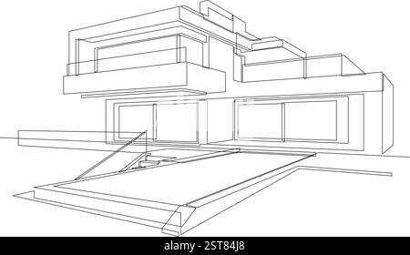 One continuous line drawing of flat roof house with swimming pool. Minimalist style black linear sketch of modern building isolated on white backgroun Stock Vector