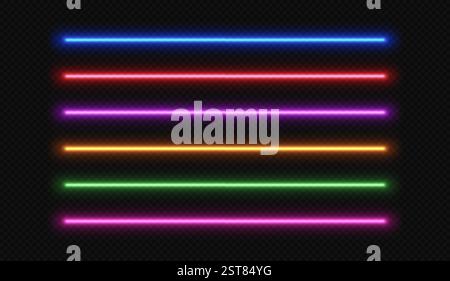 Neon line light. LED laser stripe. Fluorescent tube glow. Set of vector electric beams dividers isolated on black transparent background. Stock Vector