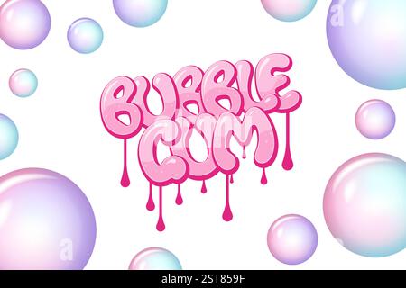 Bubblegum lettering dripping on a background with gum bubbles Stock Vector