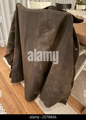 Old Aged Waxed cotton jacket Stylish men wax cotton water and wind proof jacket with beautiful tailored fit, metal zipper and fine craftsmanship fashi Stock Photo