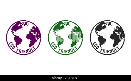 Eco friendly with globe symbol stamp icons in few color versions. Planet earth environment protection concept 3D rendering illustration. Stock Photo