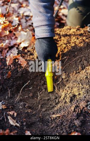 metal detector in the forest and a man archaeologist digging coins ...