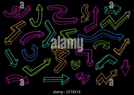 Simple linear Directional Arrows Doodles. Neon-shaped bright Lines Sign Directions with 3D effect Right Left Down Curved Backward. Isolated Vector Han Stock Vector