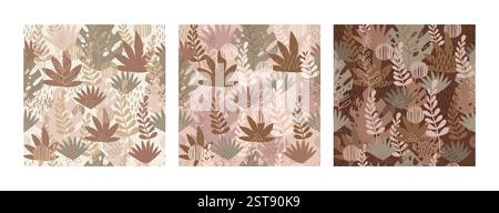 Exotic tropical plants, spots and abstract shapes. Contemporary seamless pattern set. Trendy mocha mousse palette. Vector illustration. Modern Art des Stock Vector