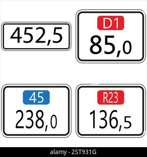 Four distinct road signs indicating specific points along a route, featuring numerical kilometer markers and route designations Stock Vector