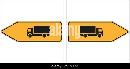 Two arrow-shaped traffic signs displaying truck icons, indicating designated routes or restrictions for truck drivers Stock Vector
