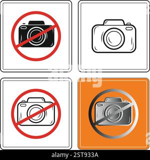 Four variations of a no photography sign, featuring a crossed-out camera icon, communicating restrictions on picture taking. Stock Vector