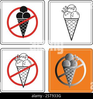 Four variations of a no ice cream sign, combining prohibition symbols and ice cream cone illustrations, presented in black, white, red, and orange. Stock Vector
