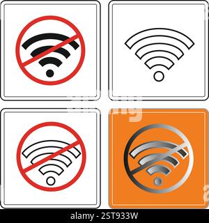Four different no wifi symbols, indicating restricted internet access. Stock Vector