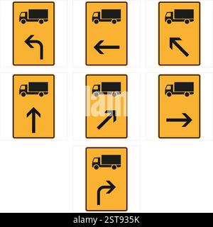 Set of nine yellow and black truck direction signs indicating different routes for trucks and other heavy vehicles Stock Vector