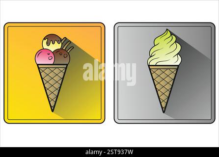 Two ice cream cones, one with three scoops of different flavors and chocolate sticks, and another with matcha soft serve, are displayed on contrasting Stock Vector
