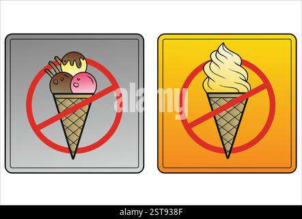 Two signs prohibiting ice cream and frozen desserts, ideal for indicating dietary restrictions or areas where food consumption is not permitted Stock Vector