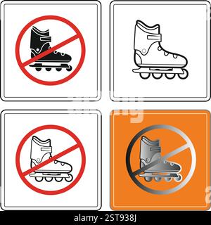 Four variations of a no roller skating sign featuring inline skates, indicating restricted areas. Stock Vector