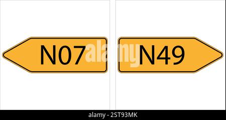 Two orange arrow-shaped signs indicating routes n07 and n49, guiding drivers on their journey Stock Vector