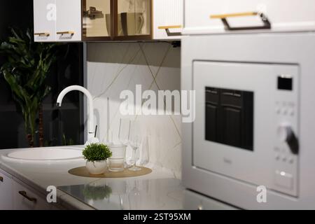Close up of small kitchen countertop with round sink and induction stove. Selective focus. Stock Photo