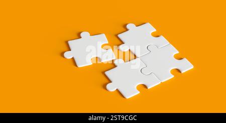 Four white jigsaw puzzle pieces on an orange background. 3d rendering Stock Photo