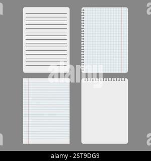 Lined paper sheets. Graph paper pages. Notebook page set. Blank writing template. Stock Vector