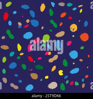 Colorful paint splashes. Random artistic spots. Dark blue background. Vector illustration. Stock Vector