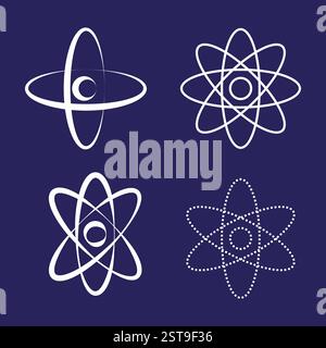 Atom structure icon. Science nuclear symbol. Molecule orbit design. Dark blue background. Stock Vector