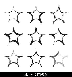 Abstract star shapes. Distorted star symbols. Geometric star forms. Black outline elements. Stock Vector