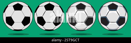 Four flat vector soccer balls (European footballs) ranging from a basic outline to versions with highlights and shadows. Stock Vector