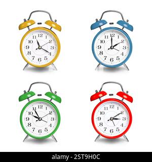 Alarm clocks in different colors isolated on white, set Stock Photo