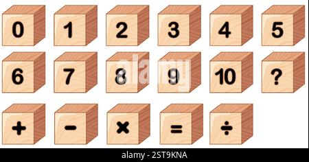 Wooden blocks featuring numbers and math symbols Stock Vector