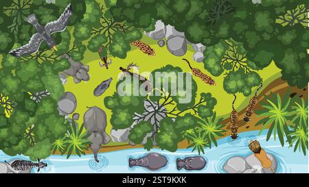 Animals and nature coexist in a vibrant jungle setting Stock Vector
