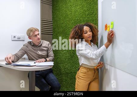 Businesswoman sticking notes on whiteboard while businessman analyzing reports in modern coworking office Stock Photo