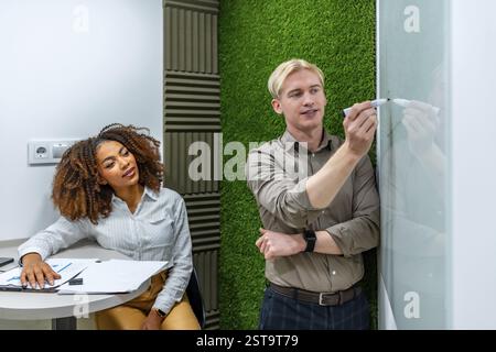 Two business colleagues collaborating, developing innovative strategies, writing on a whiteboard in a modern coworking office Stock Photo