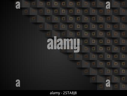 Black abstract mosaic background with golden linear squares. Vector geometric design Stock Vector