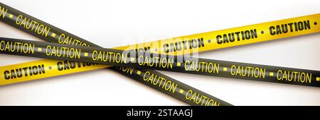 Yellow caution tape with black text isolated on white background. Vector realistic illustration of warning barrier pattern on plastic stripe, safety and hazard notification, restricted area marking Stock Vector