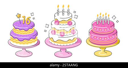 Birthday cake with candles. Party surprise. Cakes and sweets set. Festive decoration for holiday Stock Vector