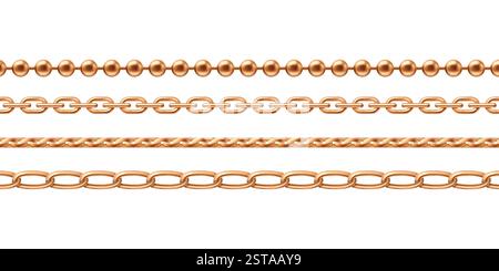 Gold jewelry chains set isolated on white background. Vector realistic illustration of golden shiny necklace or bracelet patterns, jewelry decoration of precious metal, seamless luxury ornament Stock Vector