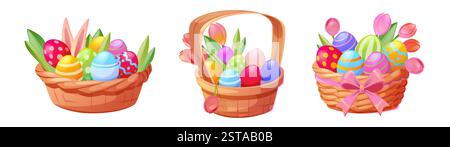 Easter baskets set isolated on white background. Vector cartoon illustration of wicker boxes with color eggs, flowers, bunny ears and ribbon bow decoration, traditional holiday sweets, greeting icons Stock Vector