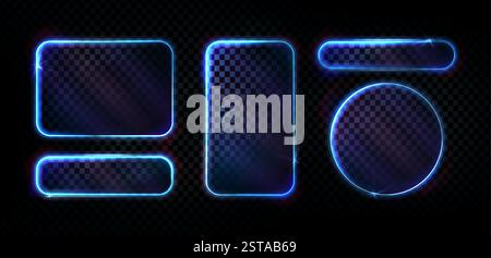 Neon light frames set with glowing blue borders on transparent background. Glass effect geometric shapes - rounded rectangle, circle with luminous edges. Bright frames collection for futuristic design Stock Vector