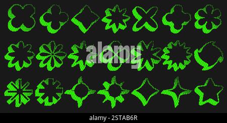 Bitmap pattern star shapes. Flowers halftone gradient elements on dark background. Y2k graphic abstract icons. Dither noisy star with grunge texture Stock Vector