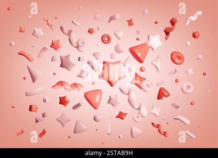 3D confetti with red and pink stars, flying curved ribbons, spheres and triangles, donuts and shiny geometric shapes. Realistic romantic festive composition in pastel colors for festive design. Stock Vector