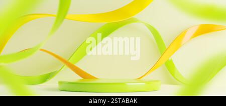 3D green round podium with flowing yellow and lime ribbons on light background. Empty display platform with curving bright streams for product presentation. Abstract spring studio composition. Stock Vector