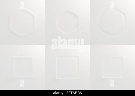 White embossed geometric frames collection with hexagonal and square shapes, relief patterns on clean light surface. Realistic 3d minimalist decorative border elements for elegant design projects. Stock Vector