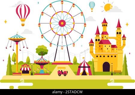 Theme Parks Vector Illustration featuring an Amusement Park with a ...