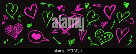 Set of acid pink and green hearts signs drawn by wax pencil. Love symbols in doodle style. Collection of hand drawn kid hearts elements for rock, hip Stock Vector