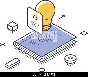 Business solution concept featuring an open book with a light bulb hovering above it. Modern isometric line art vector illustration Stock Vector