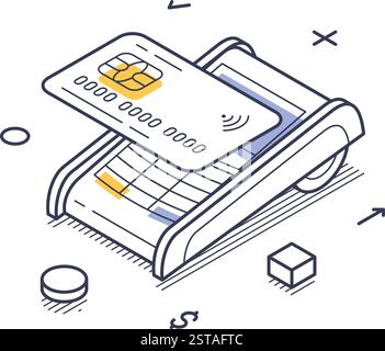 Isometric line art design of a contactless card payment process. A card is presented above a payment terminal, highlighting modern online payment meth Stock Vector